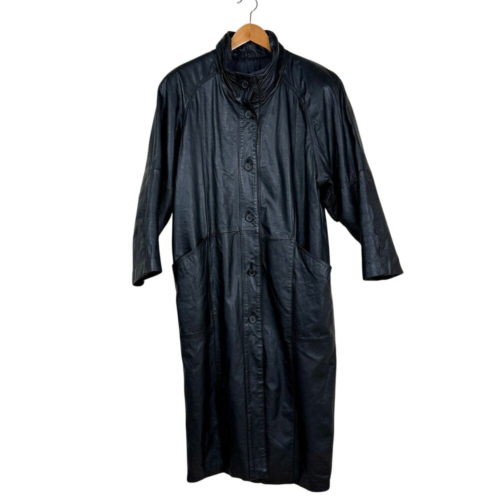 Vintage Pelle Black Genuine Leather Long Coat Size M 80s Glam 90s Minimalist
